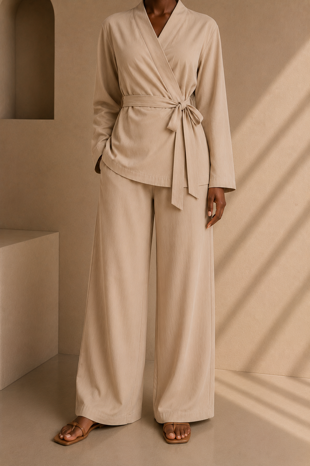 Model wrapped in effortless elegance, the Sahara Ensemble is crafted from premium crepe fabric for a lightweight and refined feel. Featuring a wrap-style top that can be tied at the front or the back, along with flowing wide-leg pants, this timeless two-piece set blends comfort with effortless sophistication.

Details:

Premium crepe fabric
Adjustable wrap top, wearable tied at the front or back
Wide-leg pants
Elastic waistband
Lightweight and breathable